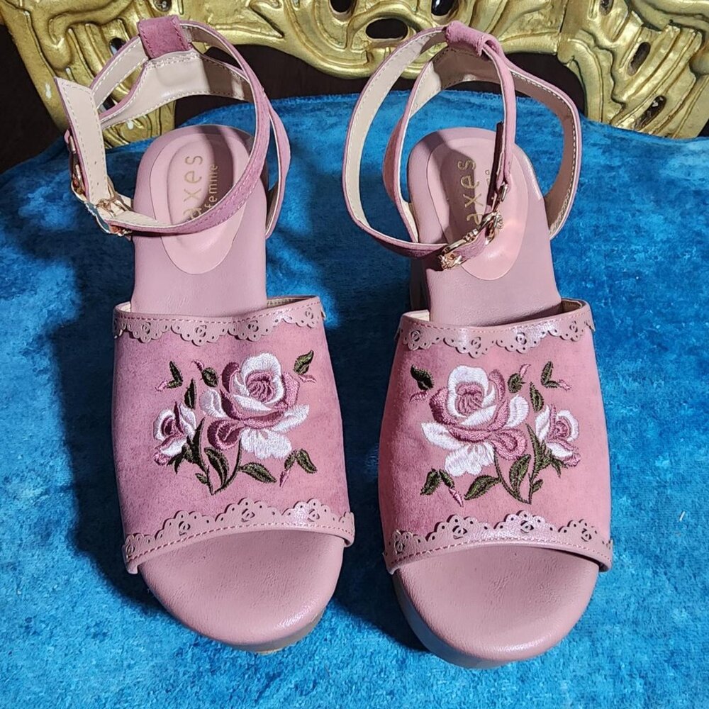 Pink Embroidered Platform Sandals